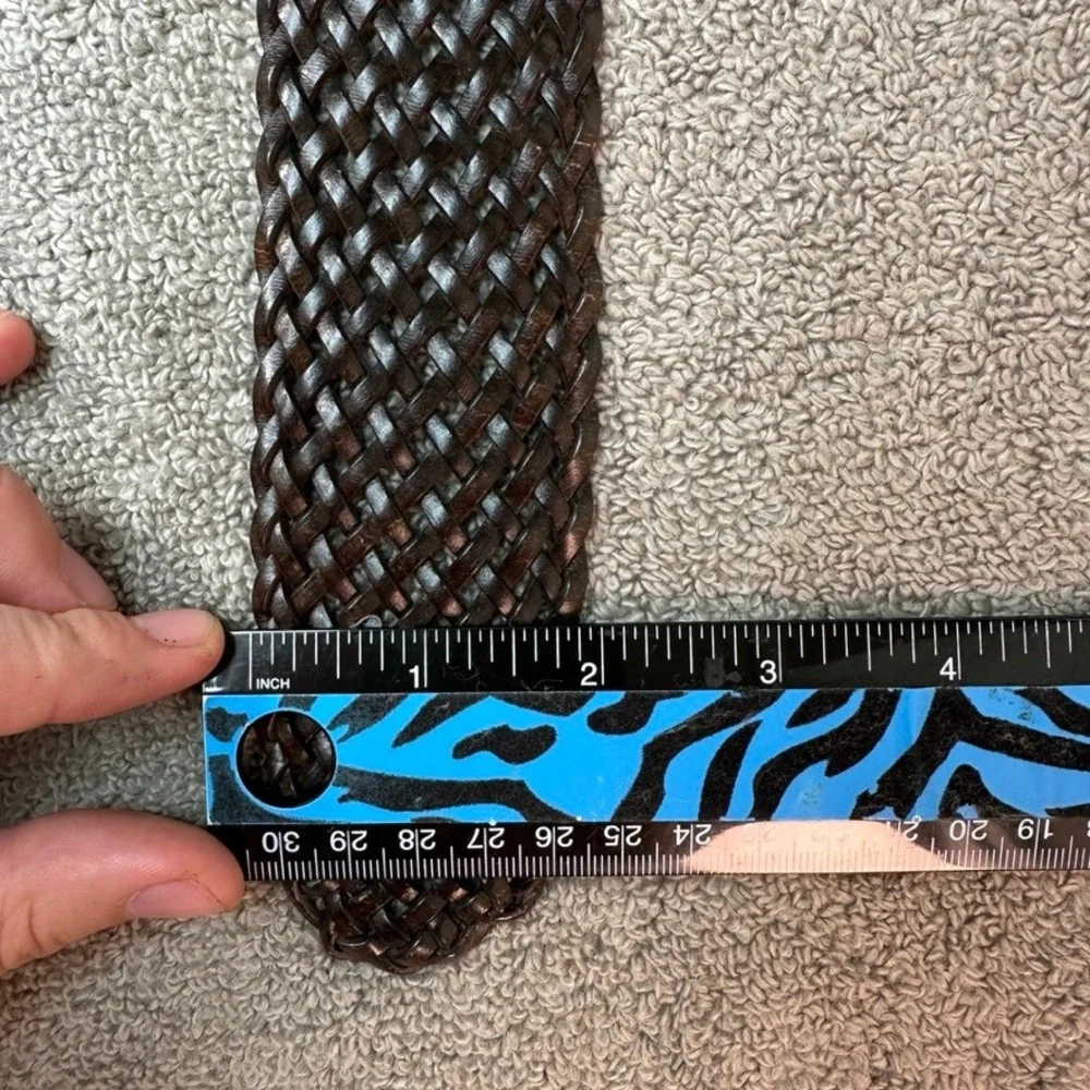 New York & Company Womens Braided Bonded Leather Belt Brown L/XL Square Buckle